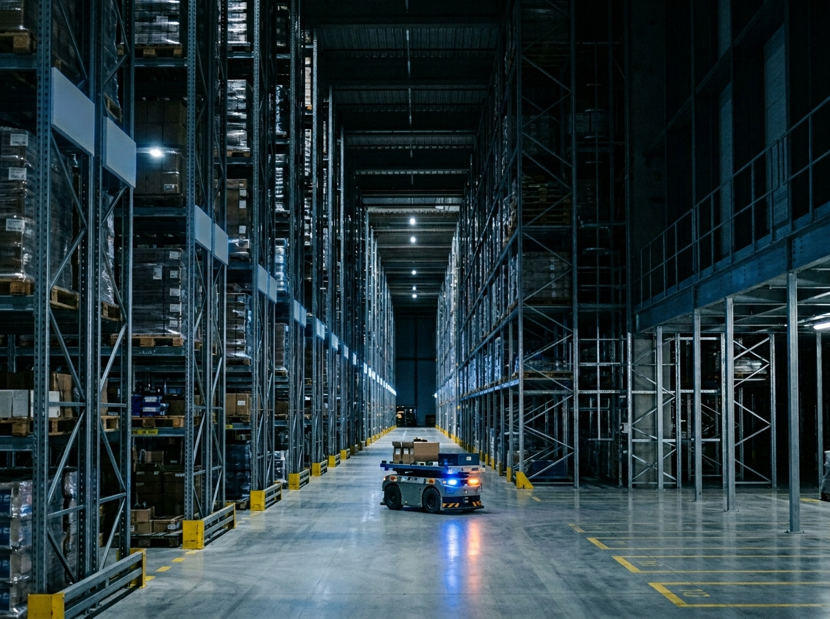 Hochregal-Lager mit autonomem mobilem Roboter, Logistik-Operations
